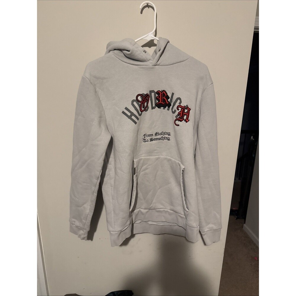 Hoodrich Hoodie Mens M Light Gray Embroidered Logo Spellout Streetwear Double
